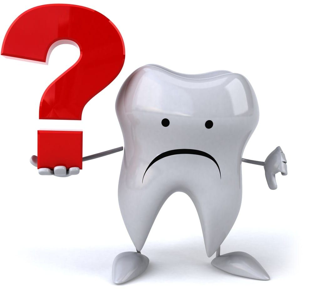 Tooth with a sad face and a giant red question mark